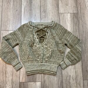 Free People Sweater Lace Up Olive Green Knit Pullover Long Sleeve Crop Top